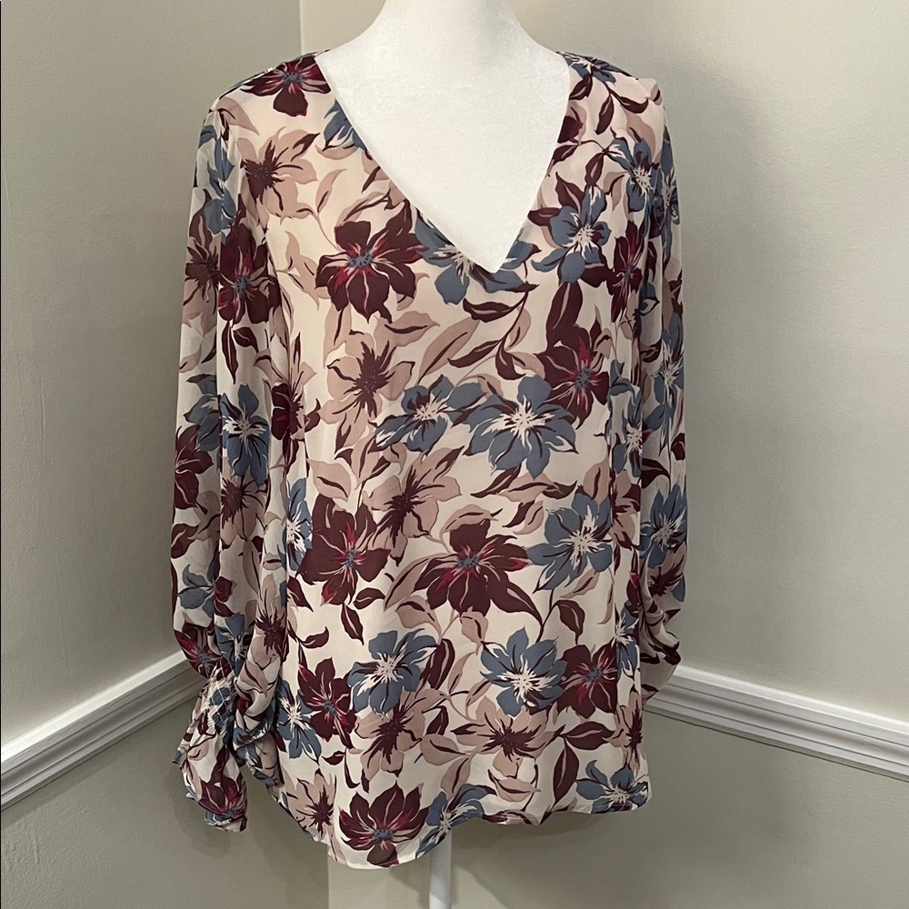 Vince Camuto Floral V-Neck Blouse - Cream and Burgundy